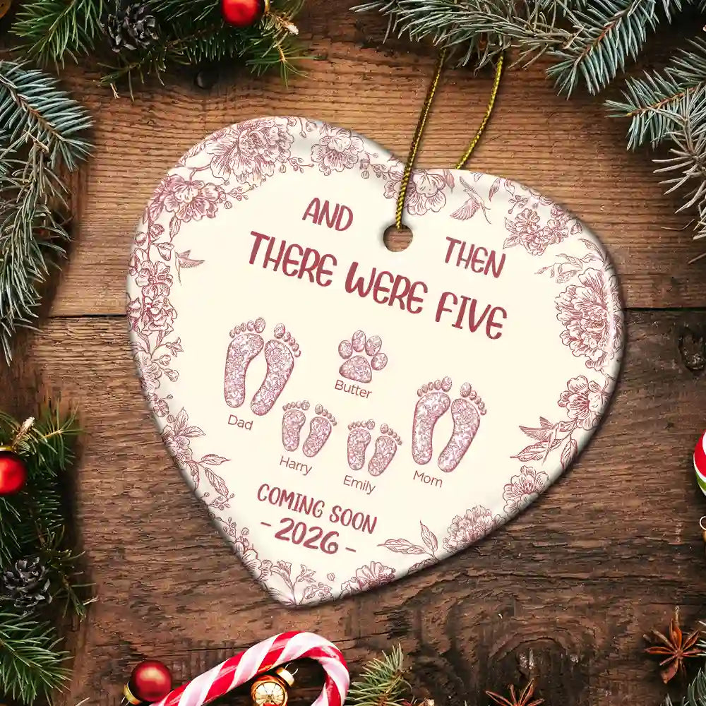 Christmas,New baby,Family,Happy - And Then There Were Toile Footprints Family - Personalized Heart Ceramic Ornament