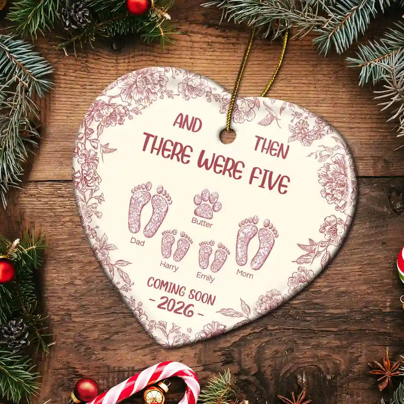 Christmas,New baby,Family,Happy - And Then There Were Toile Footprints Family - Personalized Heart Ceramic Ornament