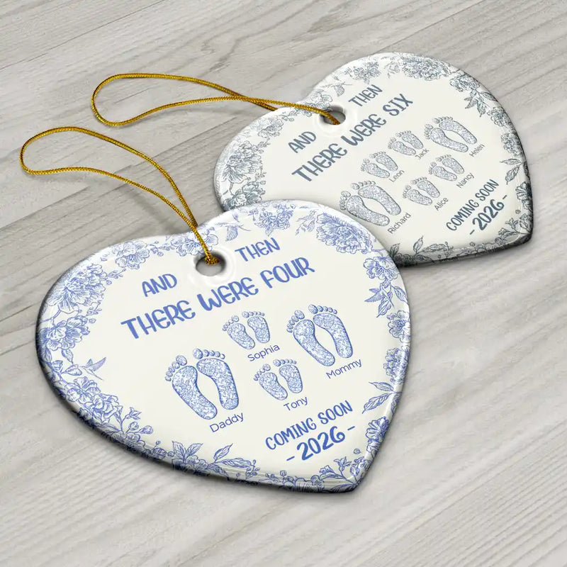 Christmas,New baby,Family,Happy - And Then There Were Toile Footprints Family - Personalized Heart Ceramic Ornament