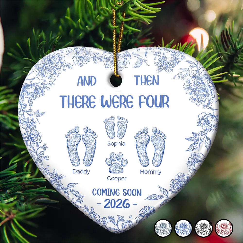 And Then There Were Toile Footprints Family - Personalized Heart Ceramic Ornament