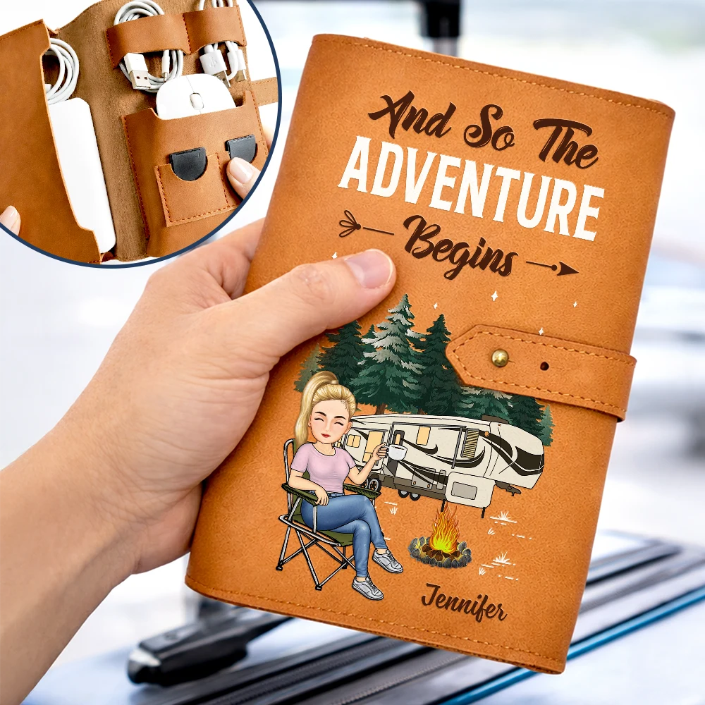 And So The Adventure Awaits - Personalized Leather Cable Bag