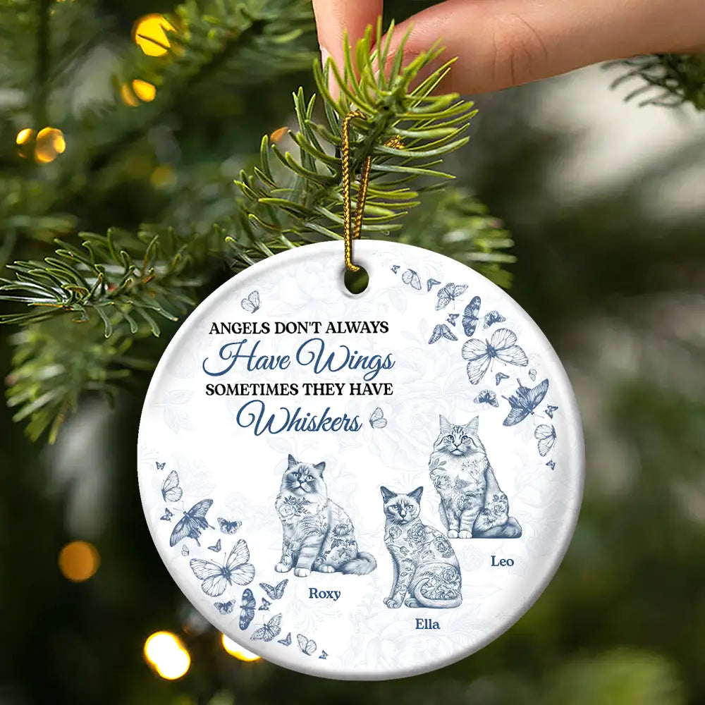 Cat Lovers,Cat Mom,Cat Dad,Cat Couple,Gift For Women,Gift For Men,Memorial,Sad,Christmas - Angels Have Whiskers Chinoiserie Toile Cat - Personalized Circle Ceramic Ornament