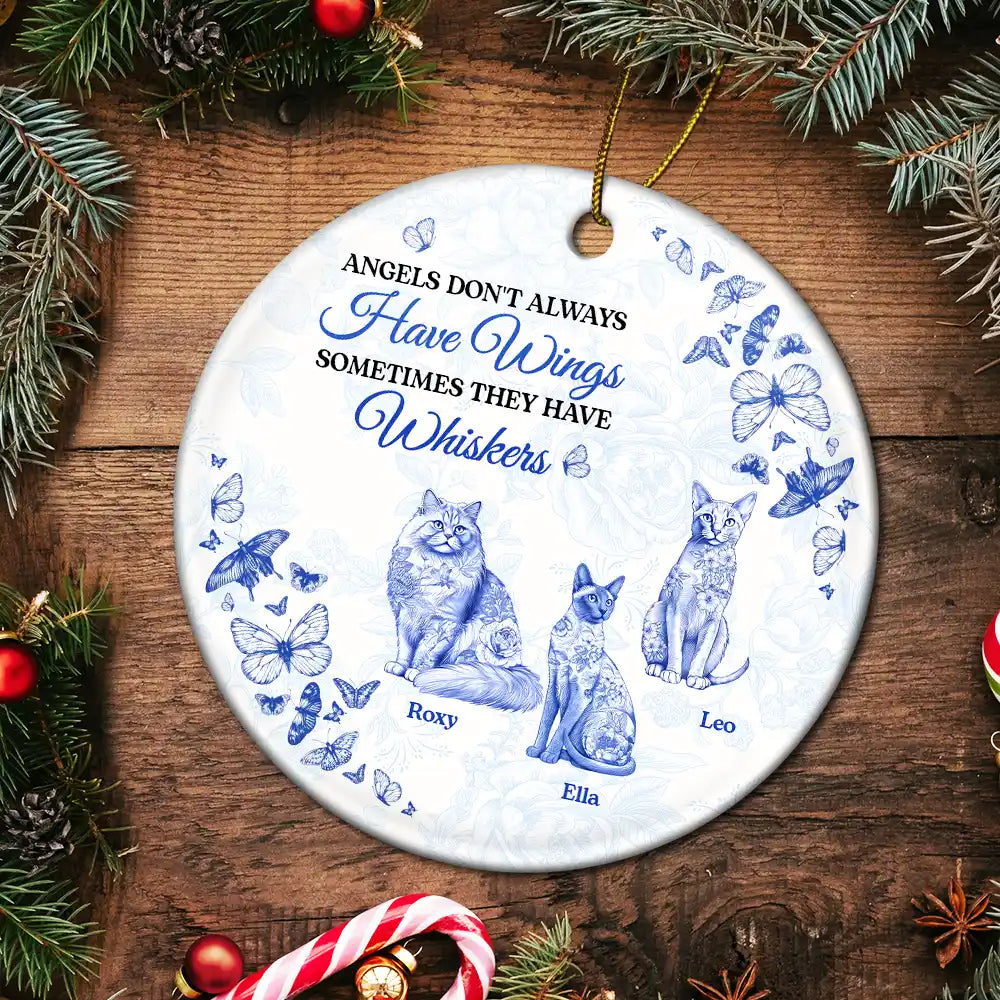 Cat Lovers,Cat Mom,Cat Dad,Cat Couple,Gift For Women,Gift For Men,Memorial,Sad,Christmas - Angels Have Whiskers Chinoiserie Toile Cat - Personalized Circle Ceramic Ornament