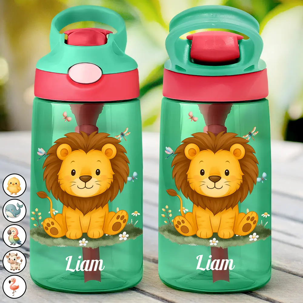 Gift For Kids,Gift For Grandkids,Happy,Back To School - Animal With Kid's Name - Personalized Kids Water Bottle With Straw