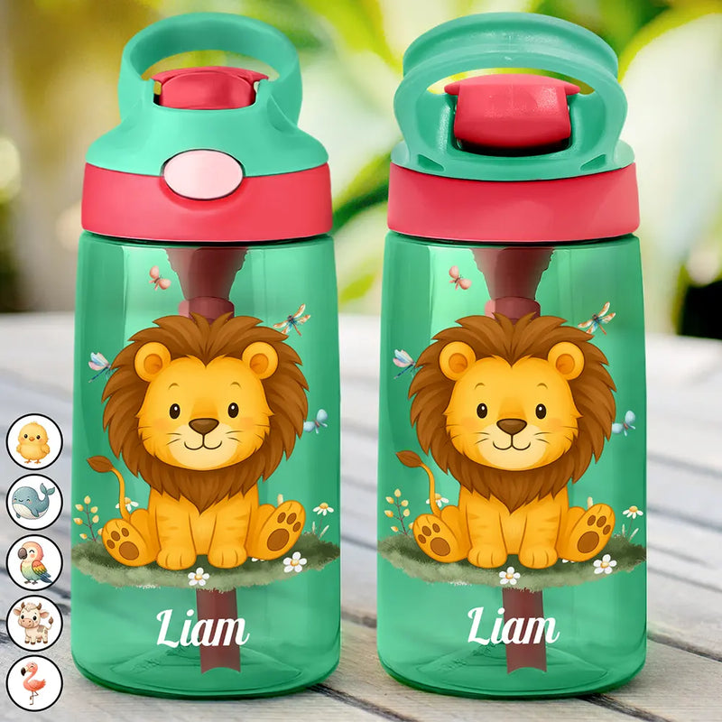 Gift For Kids,Gift For Grandkids,Happy,Back To School - Animal With Kid's Name - Personalized Kids Water Bottle With Straw