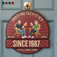 Wedding Anniversary, Humorous, Old Couples, Gift For Couples, Vector - Animate Couple Annoying Each Other - Personalized Custom Shaped Wood Sign