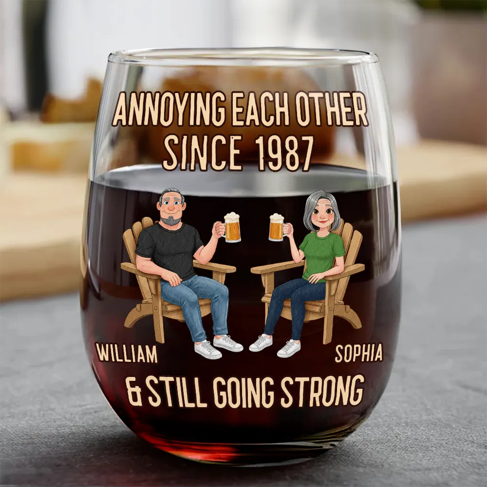 Animate Couple Annoying Each Other - Personalized Stemless Wine Glass