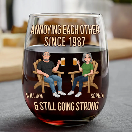 Animate Couple Annoying Each Other - Personalized Stemless Wine Glass