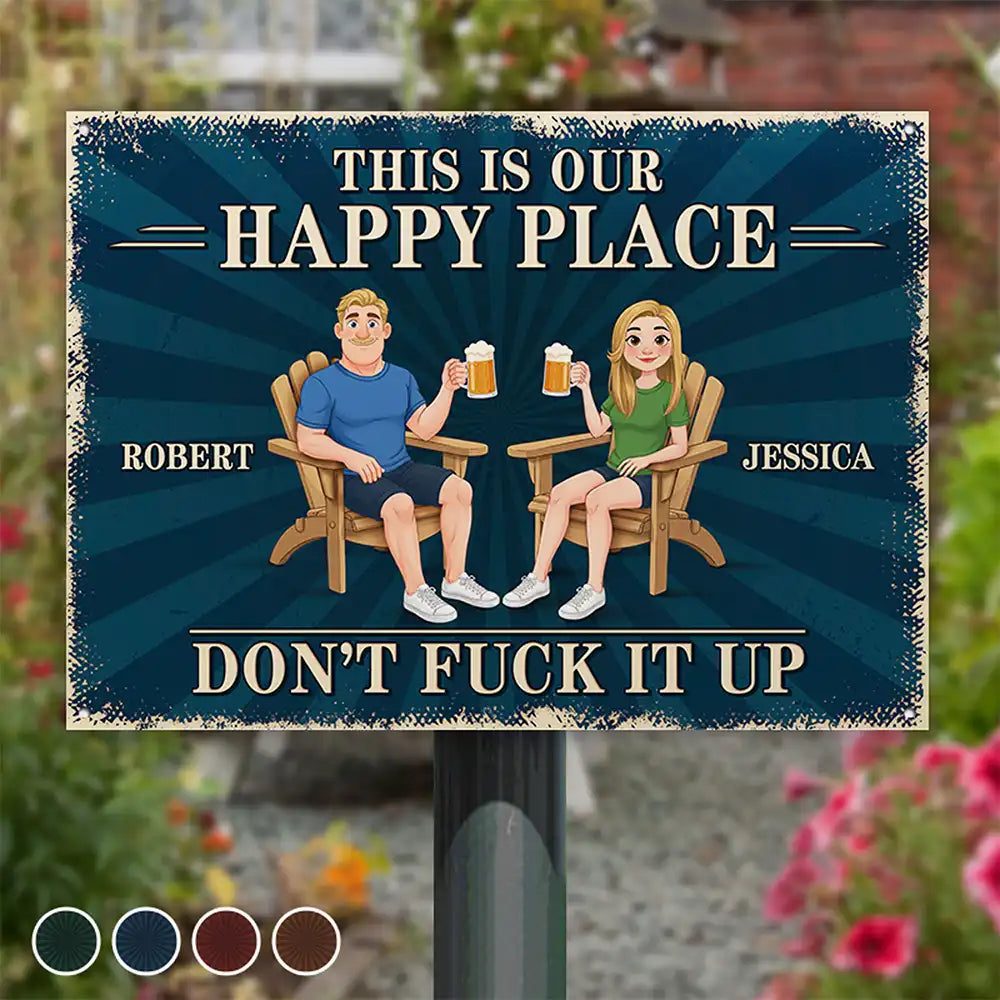 Humorous,Gift For Couples,Vector - Animate Couple This Is Our Happy Place - Personalized Classic Metal Signs