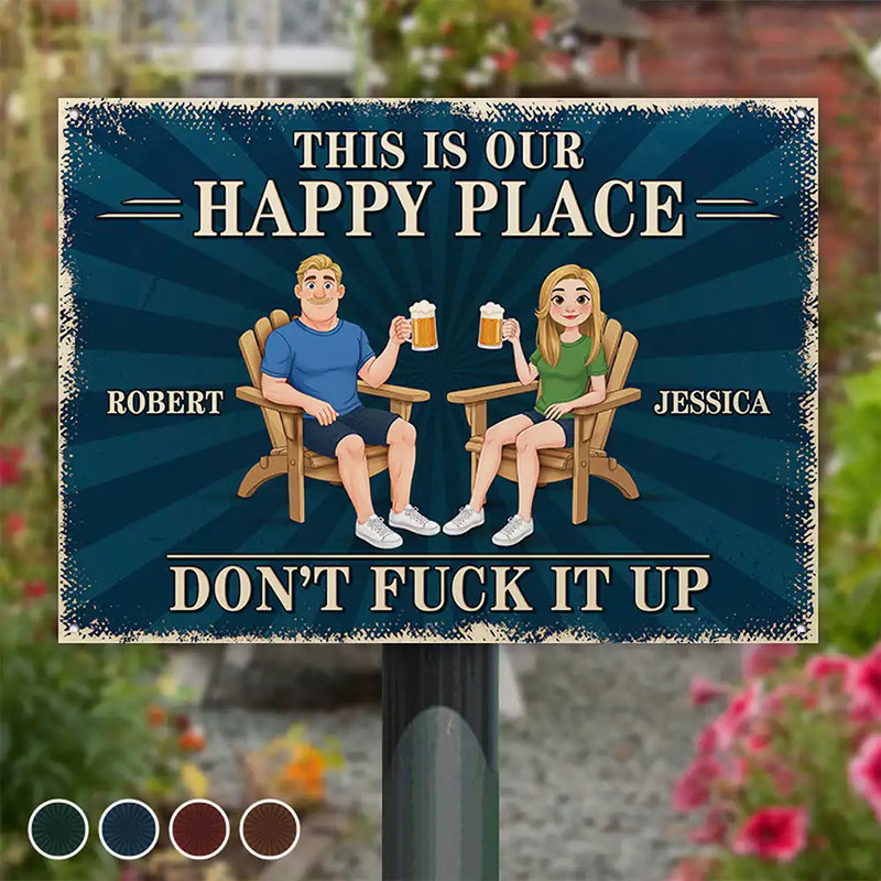 Humorous,Gift For Couples,Vector - Animate Couple This Is Our Happy Place - Personalized Classic Metal Signs