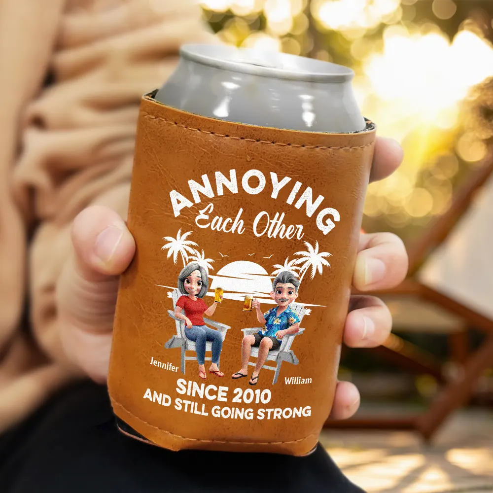 Summer, Gift For Couples, Humorous, Vector - Annoying Each Other Since - Personalized Leather Can Cooler