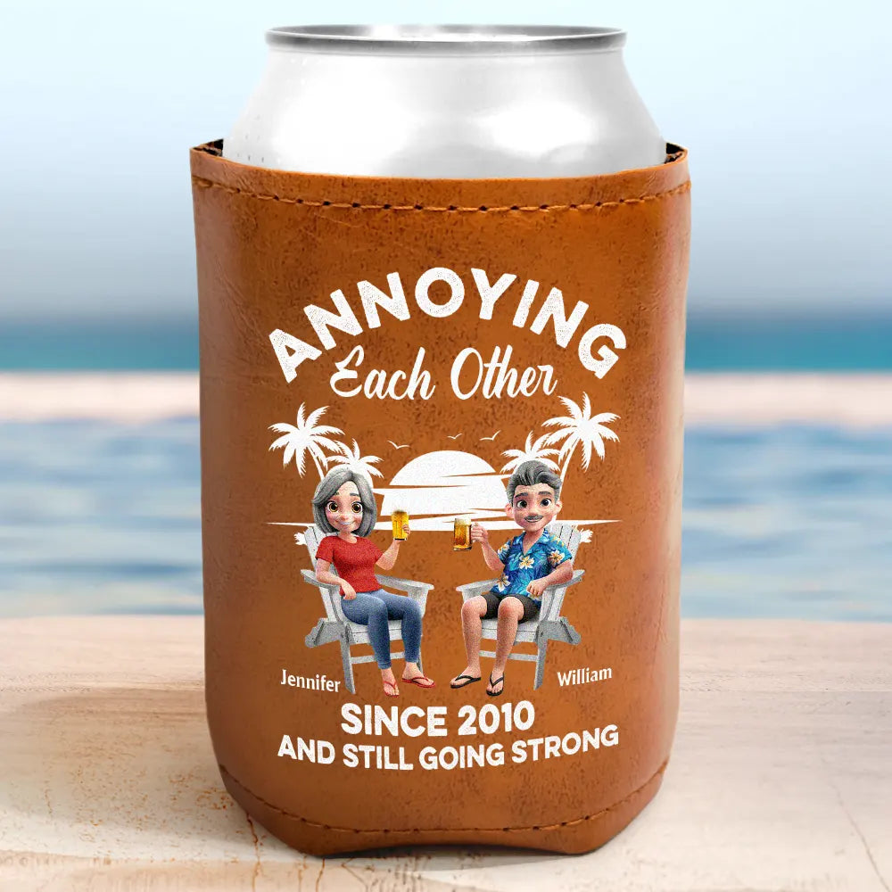 Summer, Gift For Couples, Humorous, Vector - Annoying Each Other Since - Personalized Leather Can Cooler