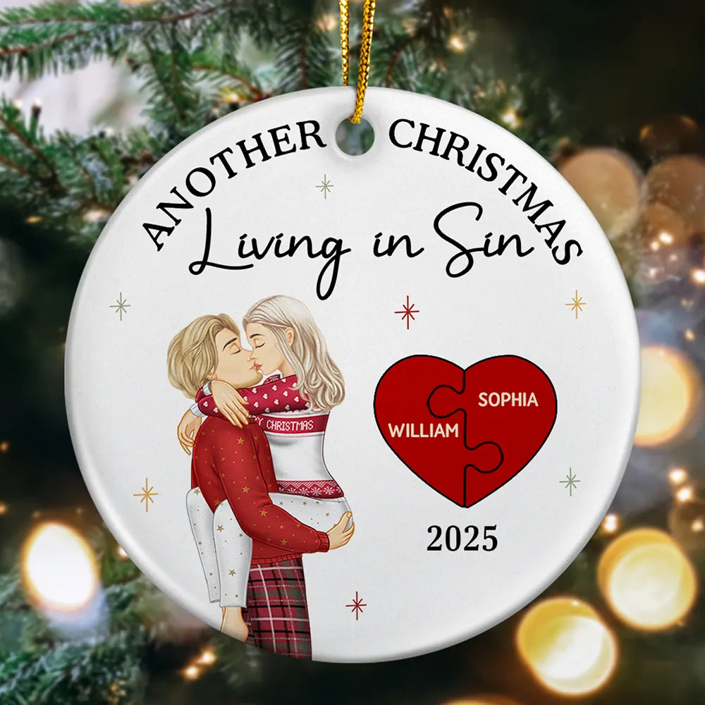 Another Christmas Living In Sin Kissing Couples - Personalized Circle Ceramic Ornament