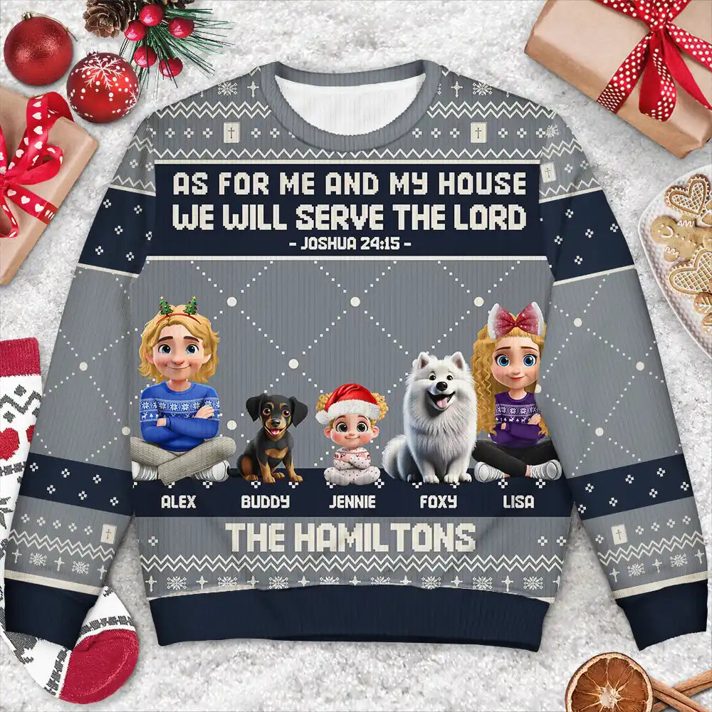 Christmas,Christian,Family,Pet Lovers - As For Me And My House We Will Serve The Lord - Personalized Unisex Ugly Sweater