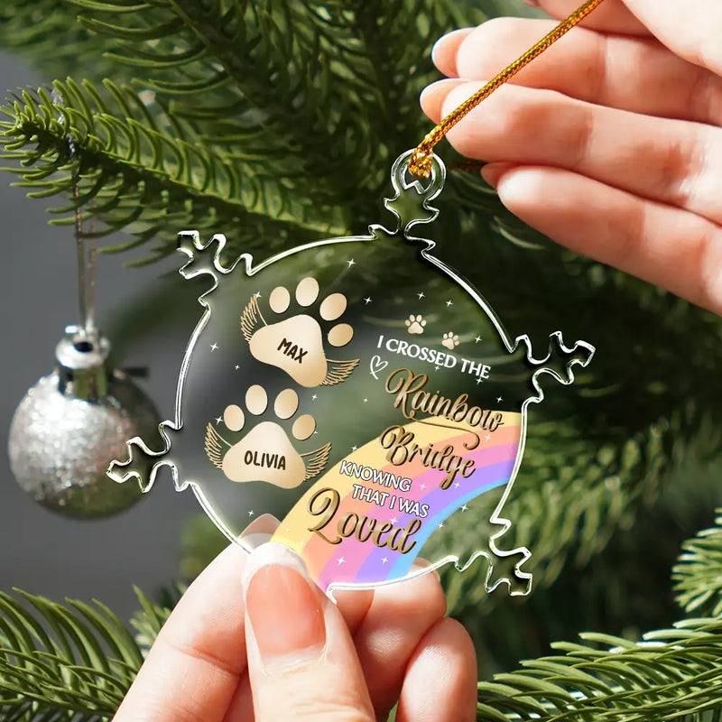 Sad, Memorial, Pet Lovers, Christmas - At The Rainbow Bridge - Personalized Snowflakes Shaped Glass Ornament