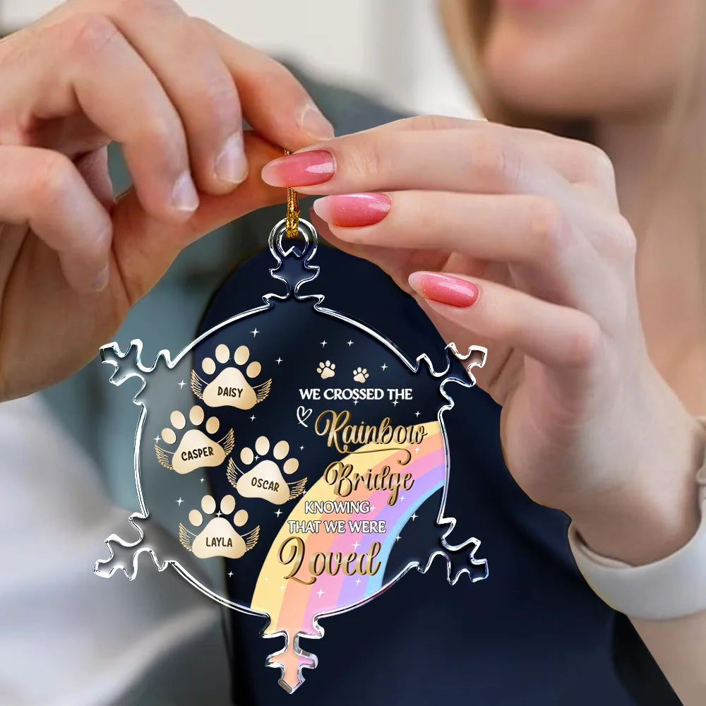 Sad, Memorial, Pet Lovers, Christmas - At The Rainbow Bridge - Personalized Snowflakes Shaped Glass Ornament