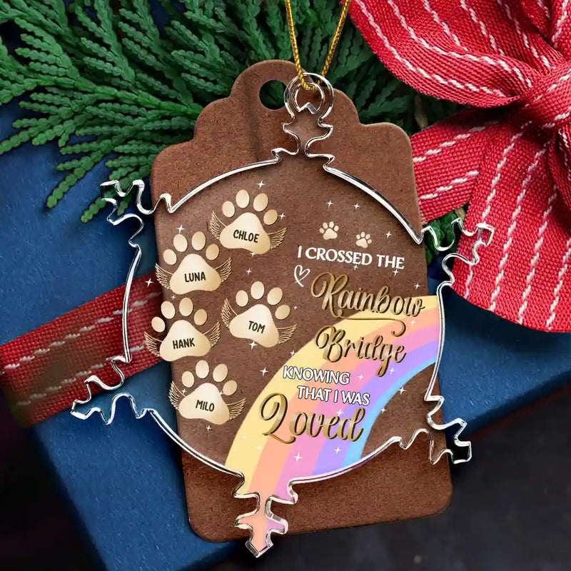 Sad, Memorial, Pet Lovers, Christmas - At The Rainbow Bridge - Personalized Snowflakes Shaped Glass Ornament