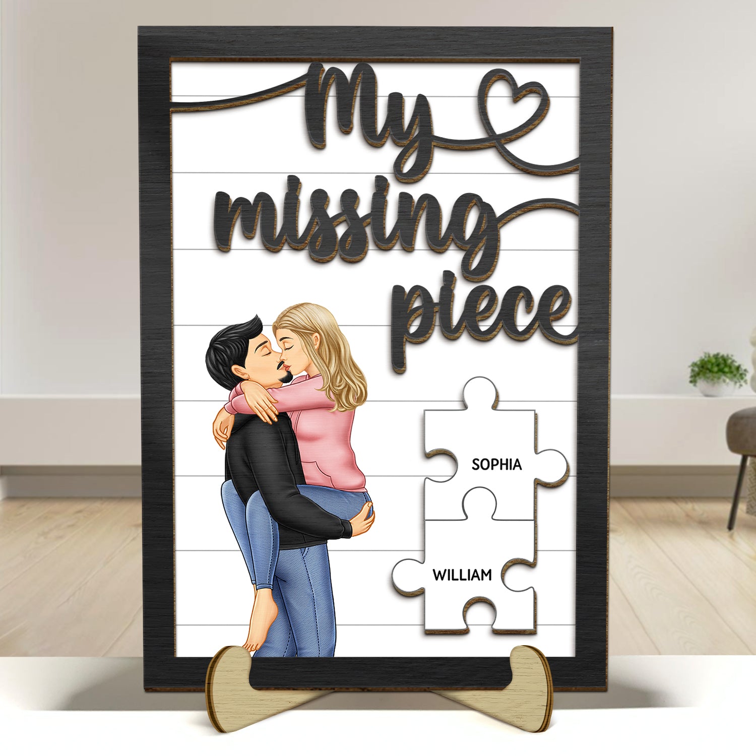 My Missing Piece Kissing Couple - Gift For Couples, Husband, Wife - Personalized 2-Layered Wooden Plaque With Stand