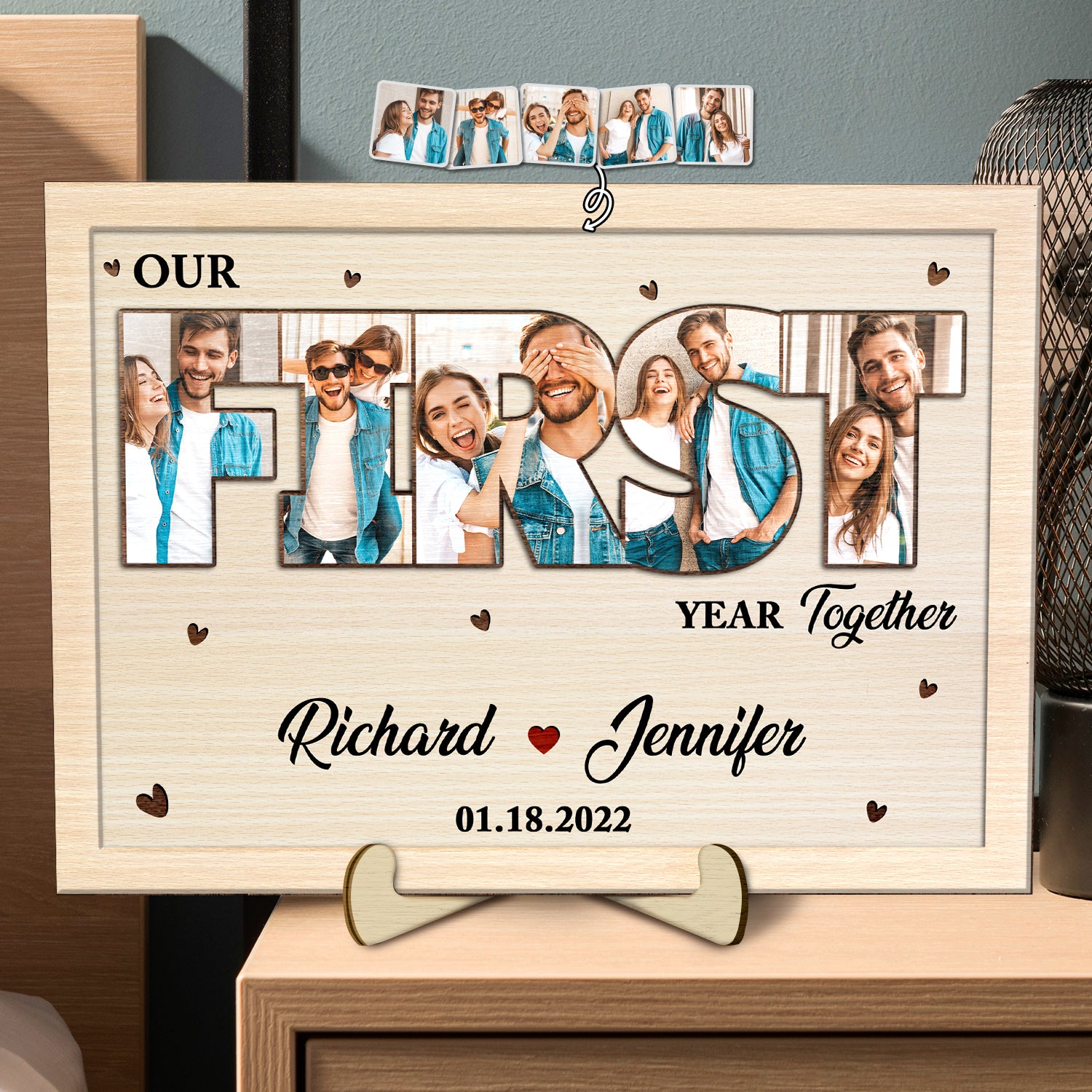 Custom Photo First Anniversary - Loving Gift For Couple, Spouse, Boyfriend, Girlfriend, Husband, Wife - Personalized 2-Layered Wooden Plaque With Stand