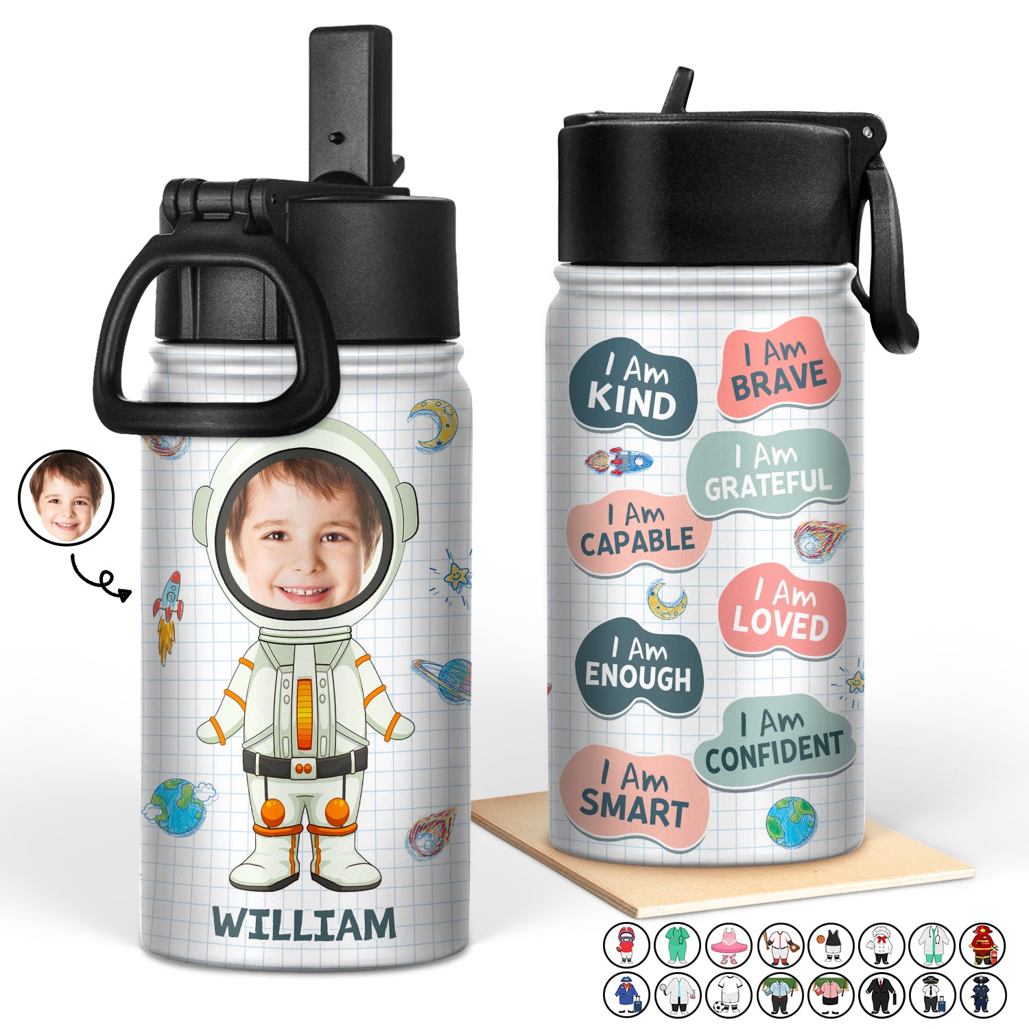 Custom Photo Dream Job I'm Kind Smart Brave Confident - Gift For Kid - Personalized Kids Water Bottle