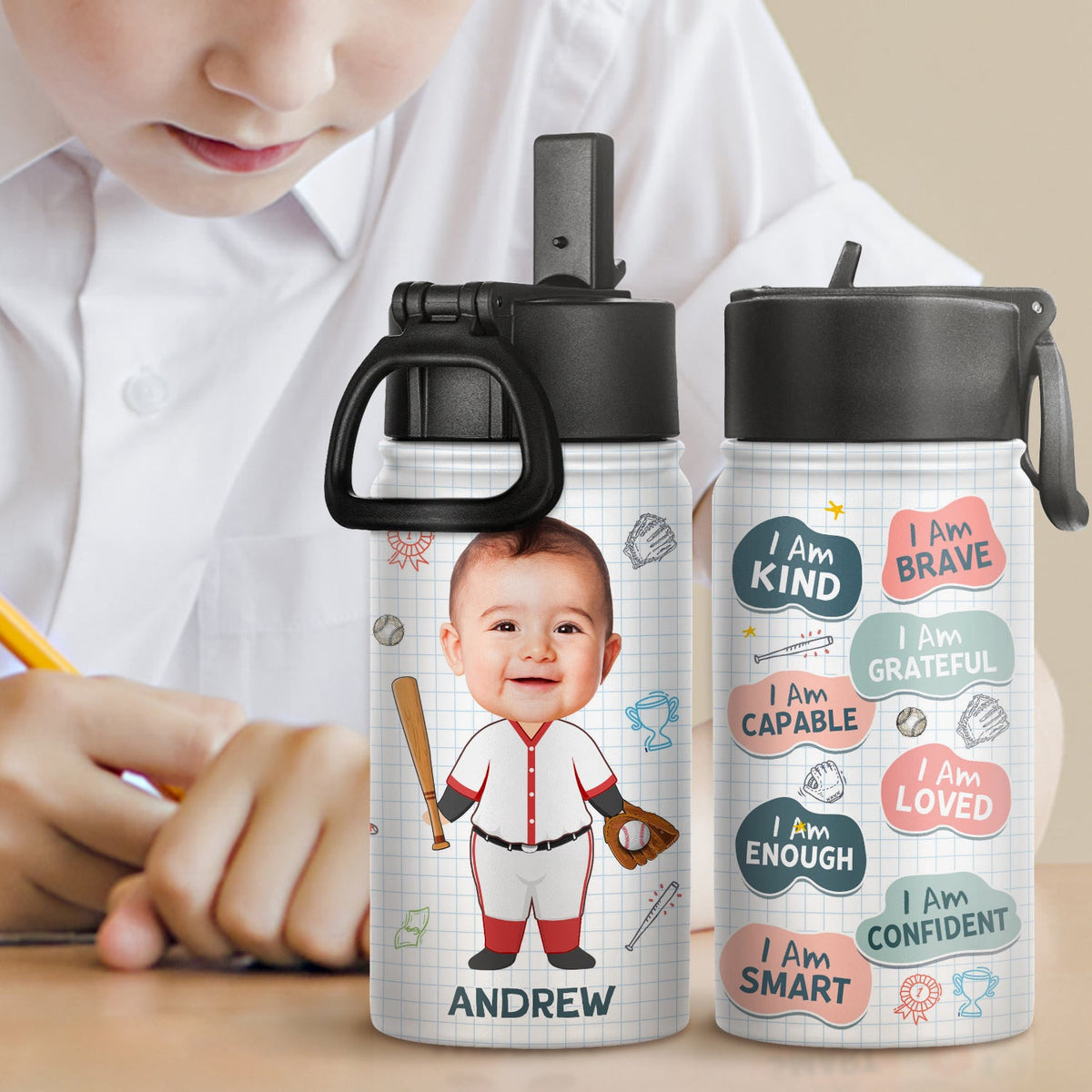 Custom Photo Dream Job I'm Kind Smart Brave Confident - Gift For Kid - Personalized Kids Water Bottle