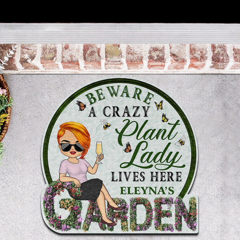 Beware A Crazy Plant Lady Lives Here - Gift For Garden Lovers - Personalized Custom Shaped Doormat