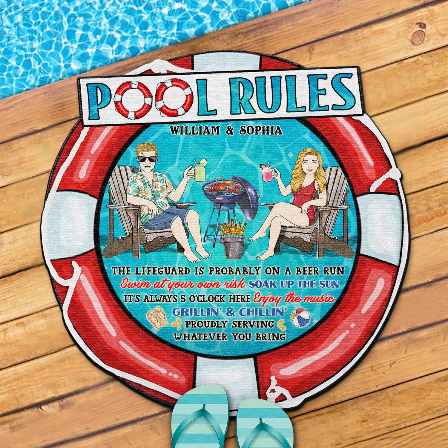 Pool Rules Swim At Your Own Risk - Outdoor Decor For Couples, Swimming Pool - Personalized Custom Shaped Doormat