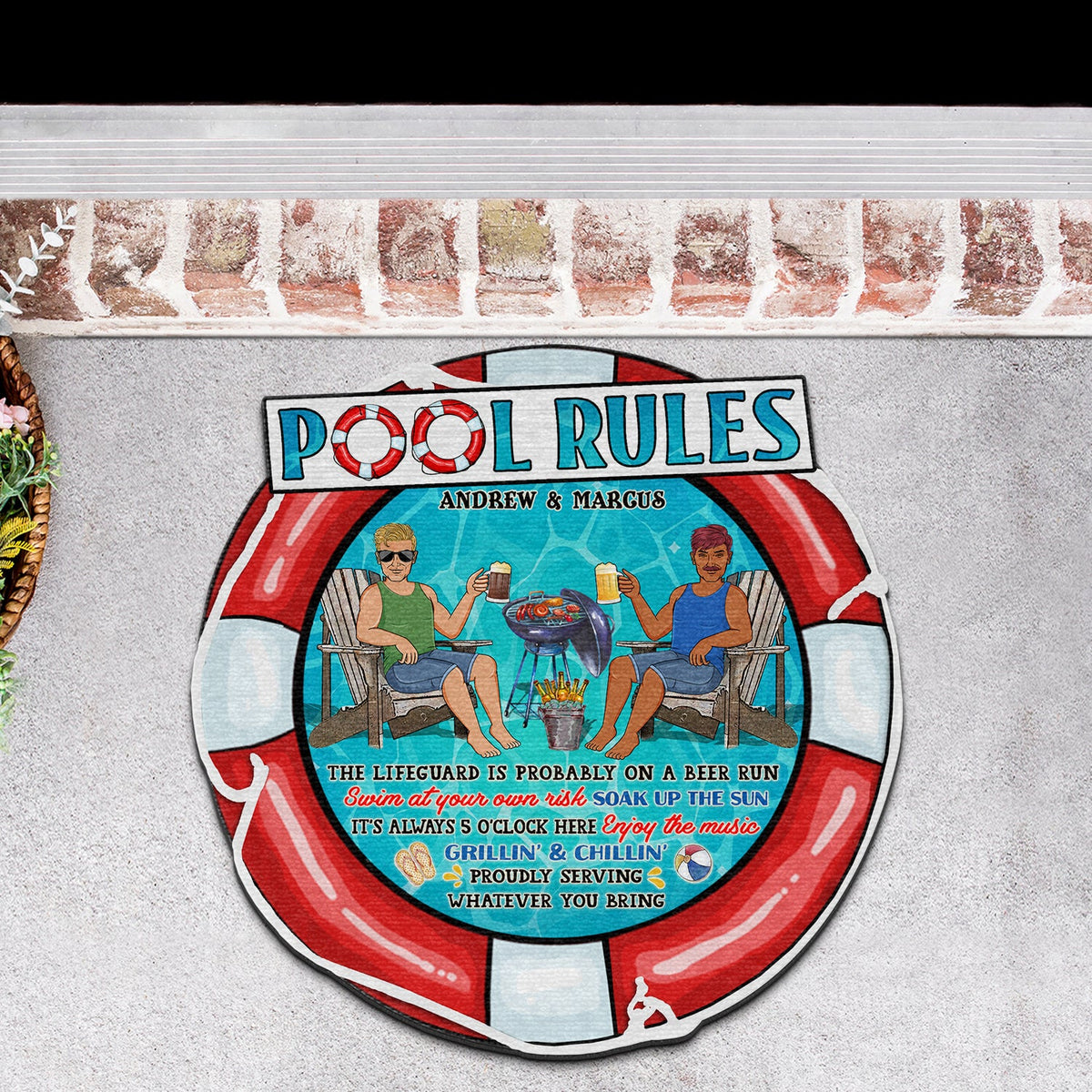 Pool Rules Swim At Your Own Risk - Outdoor Decor For Couples, Swimming Pool - Personalized Custom Shaped Doormat