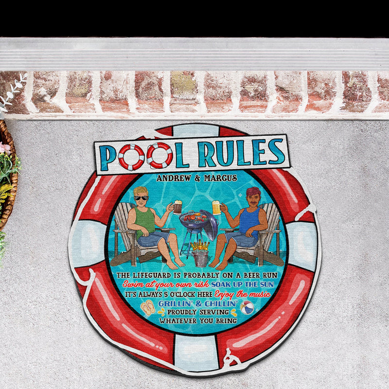 Pool Rules Swim At Your Own Risk - Outdoor Decor For Couples, Swimming Pool - Personalized Custom Shaped Doormat