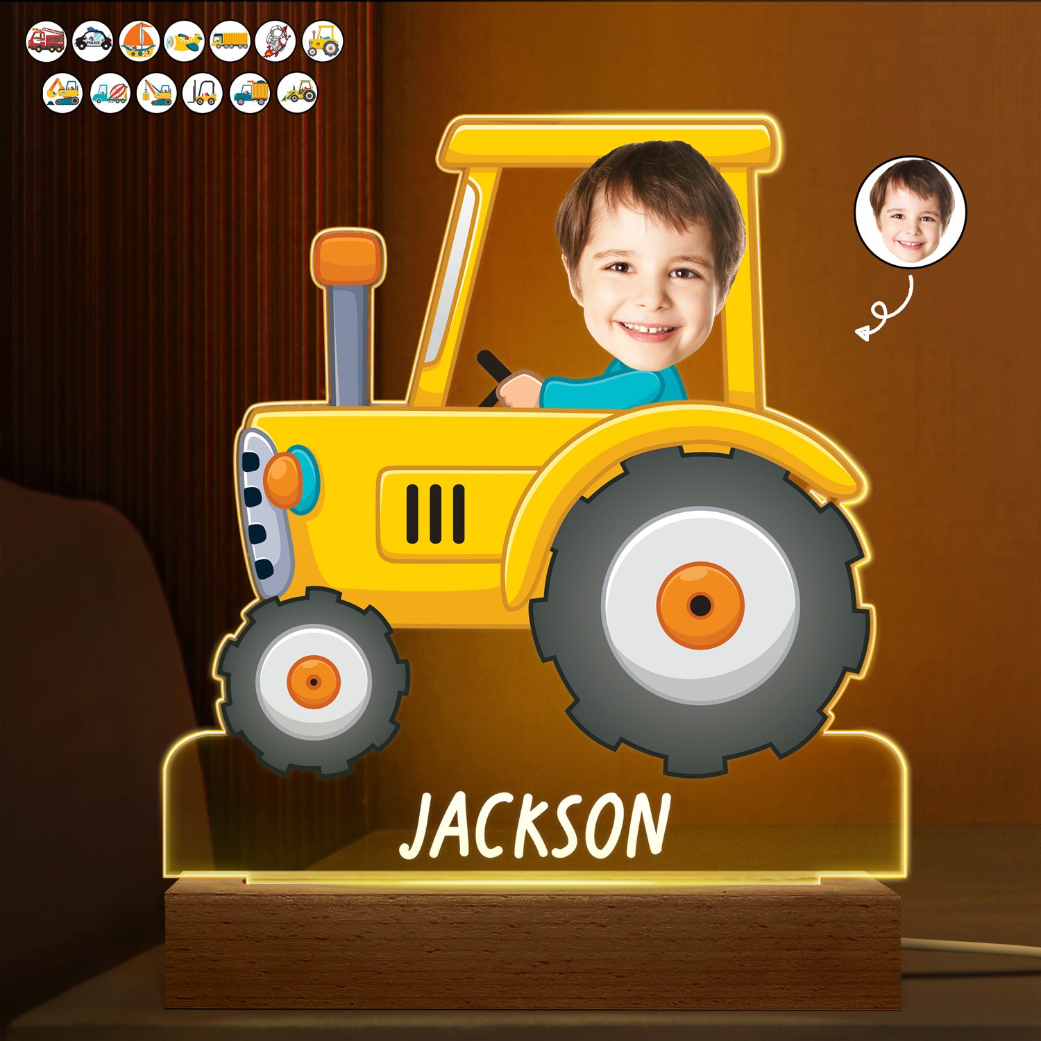 Custom Photo Funny Kid Vehicle - Gift For Kid - Personalized 3D Led Light Wooden Base