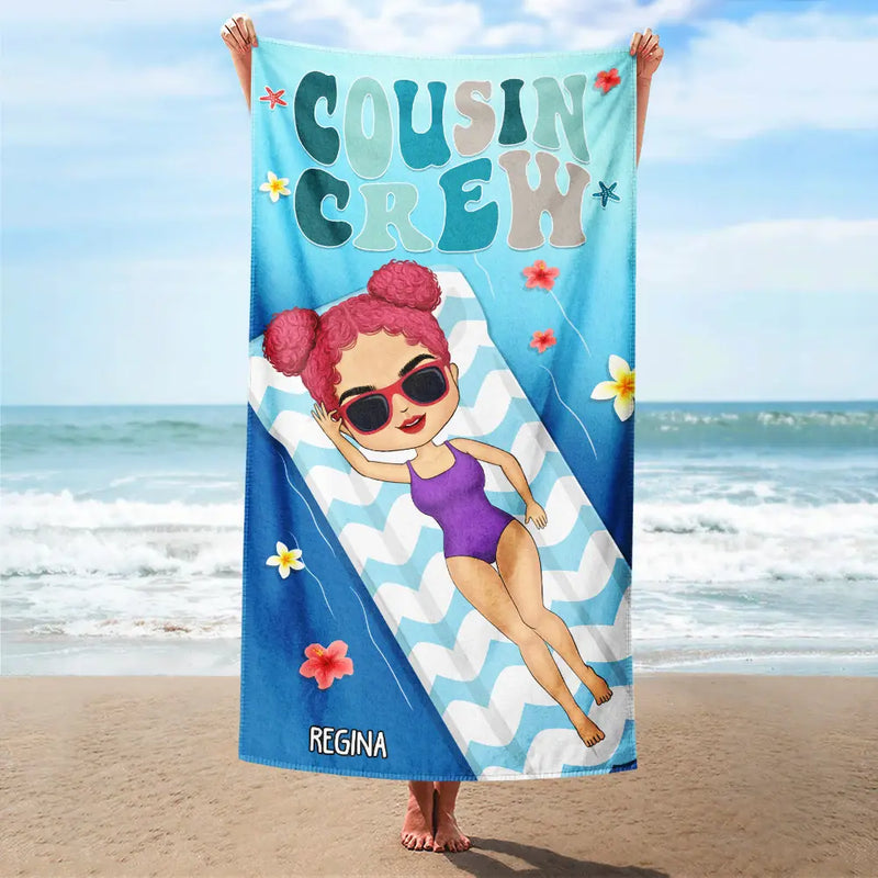 Retro Cousin Crew Chibi Sister Brother - Personalized Beach Towel