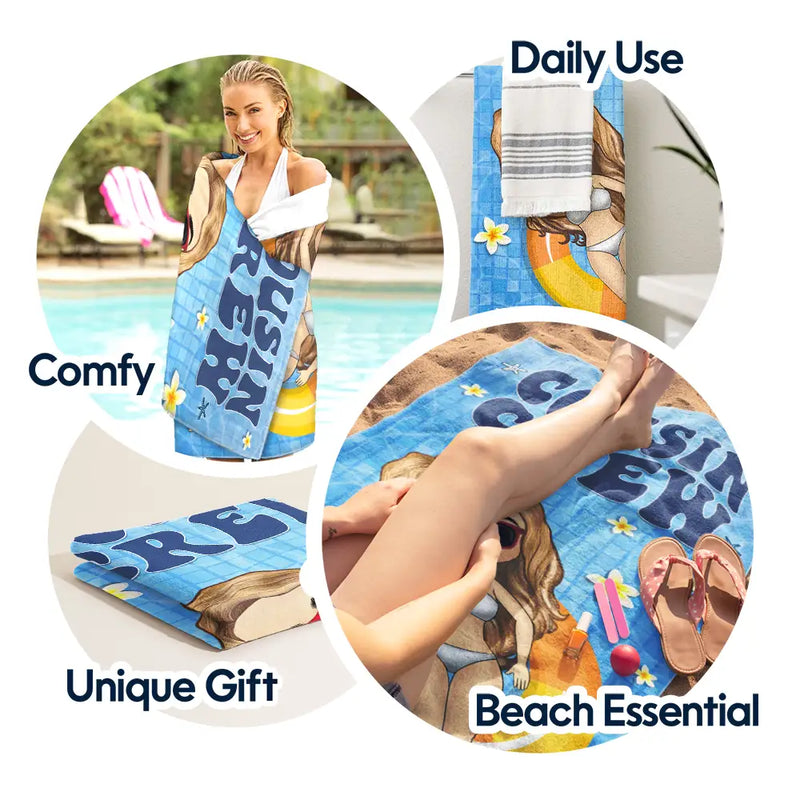 Retro Cousin Crew Chibi Sister Brother - Personalized Beach Towel