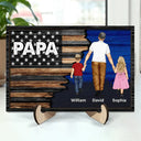 Nation Flag Dad Grandpa Walking With Kids - Personalized 2-Layered Wooden Plaque With Stand