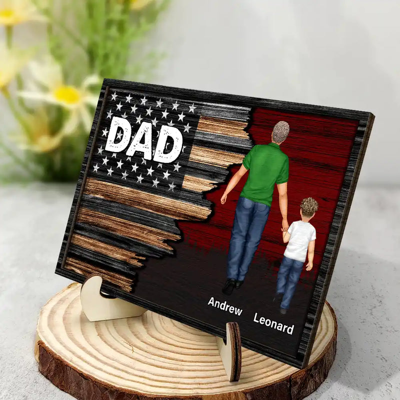 Nation Flag Dad Grandpa Walking With Kids - Personalized 2-Layered Wooden Plaque With Stand