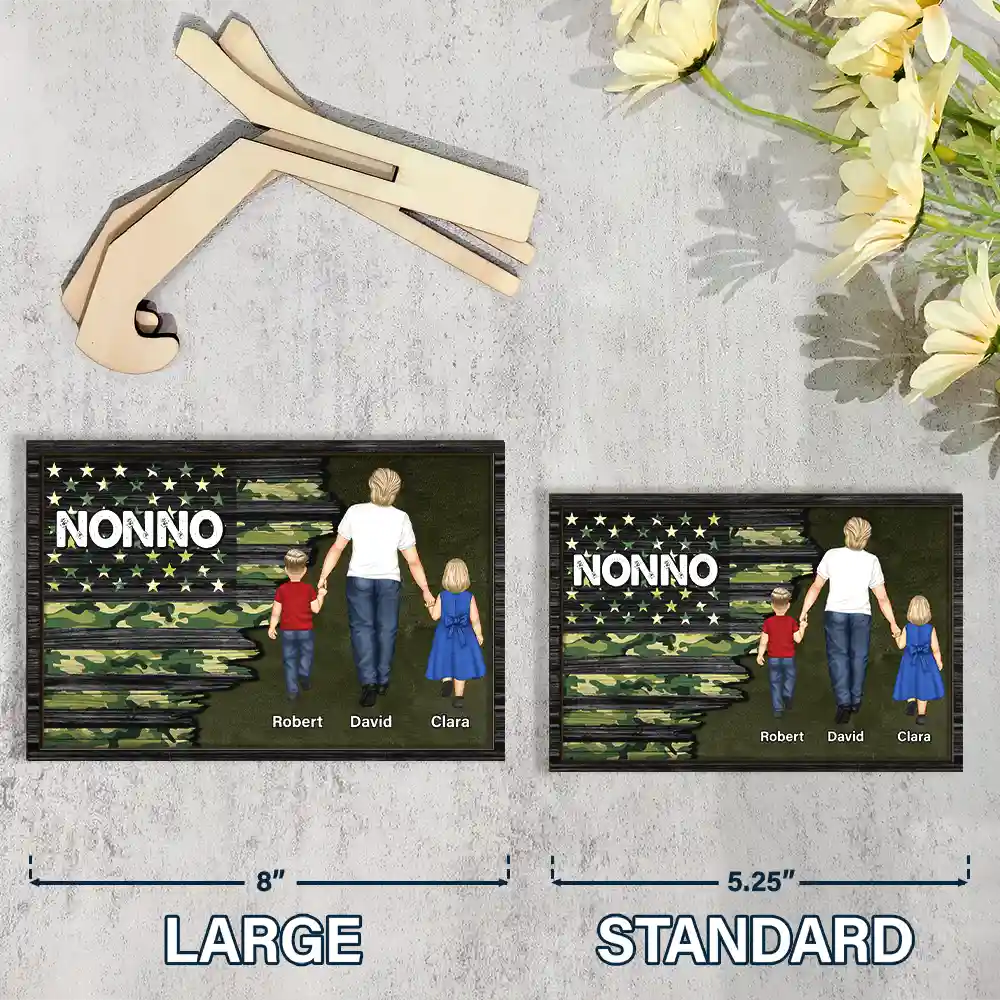 Nation Flag Dad Grandpa Walking With Kids - Personalized 2-Layered Wooden Plaque With Stand