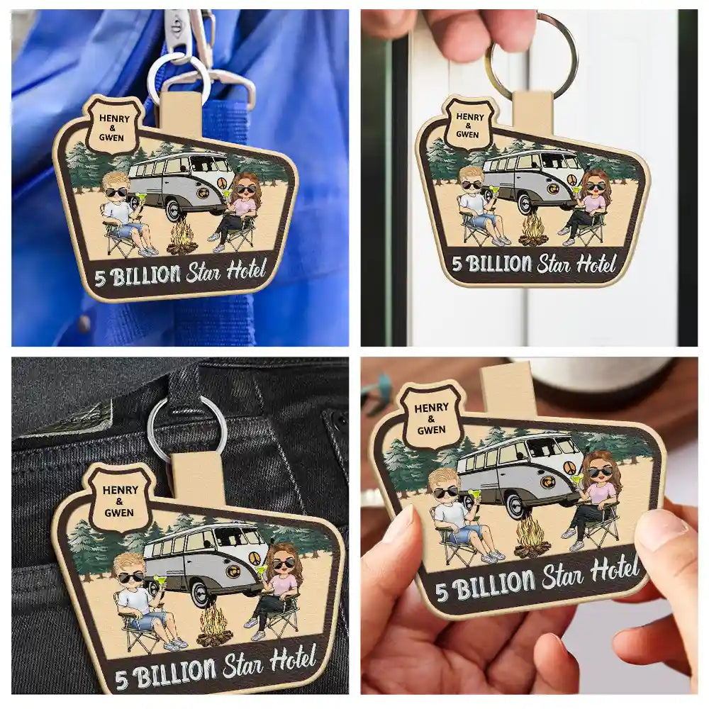 Porte-clés en cuir personnalisé avec photo de couple de camping-cars Chibi