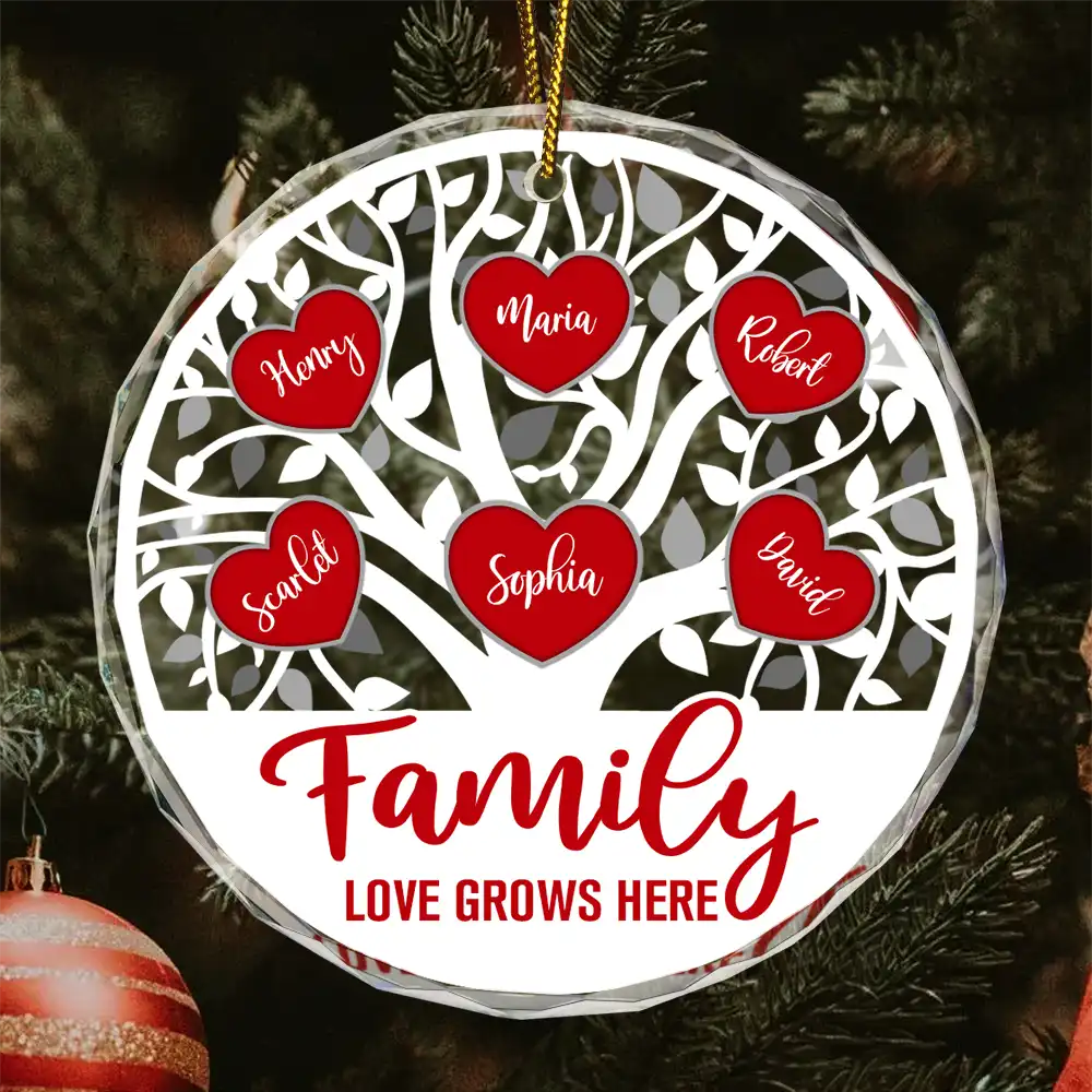 Love Grows Here Christmas Family - Personalized Circle Glass Ornament