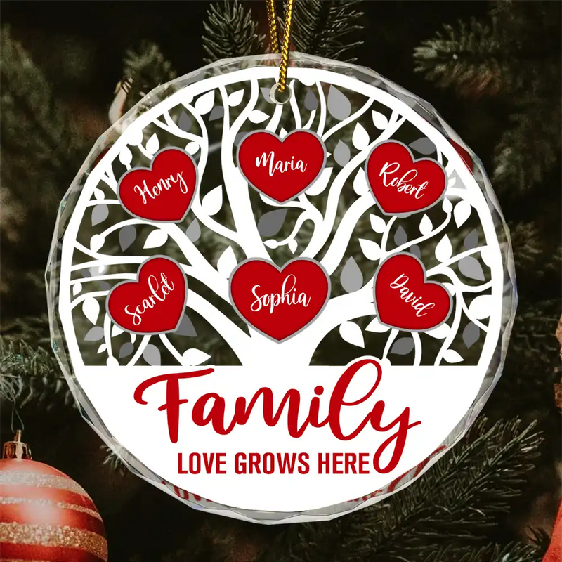 Love Grows Here Christmas Family - Personalized Circle Glass Ornament