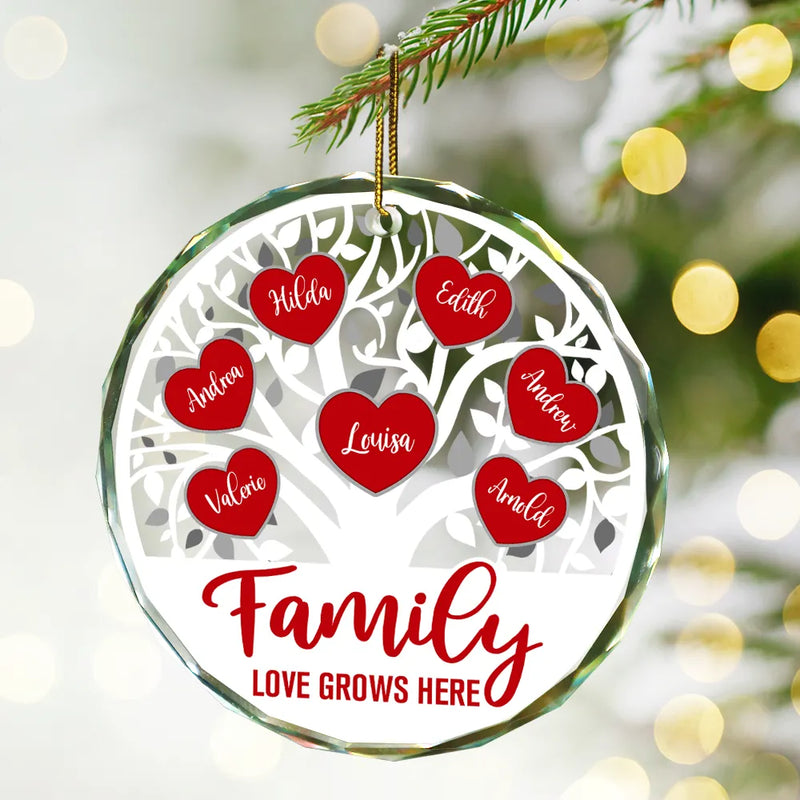 Love Grows Here Christmas Family - Personalized Circle Glass Ornament