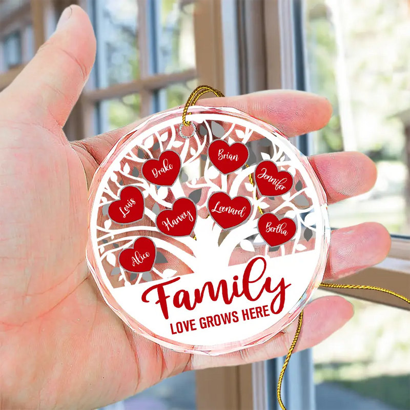 Love Grows Here Christmas Family - Personalized Circle Glass Ornament