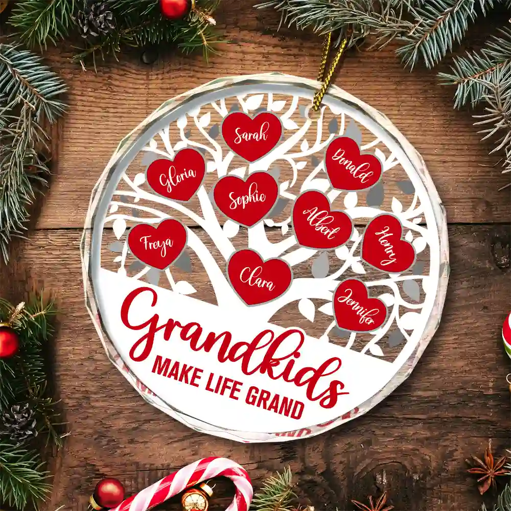 Love Grows Here Christmas Family - Personalized Circle Glass Ornament