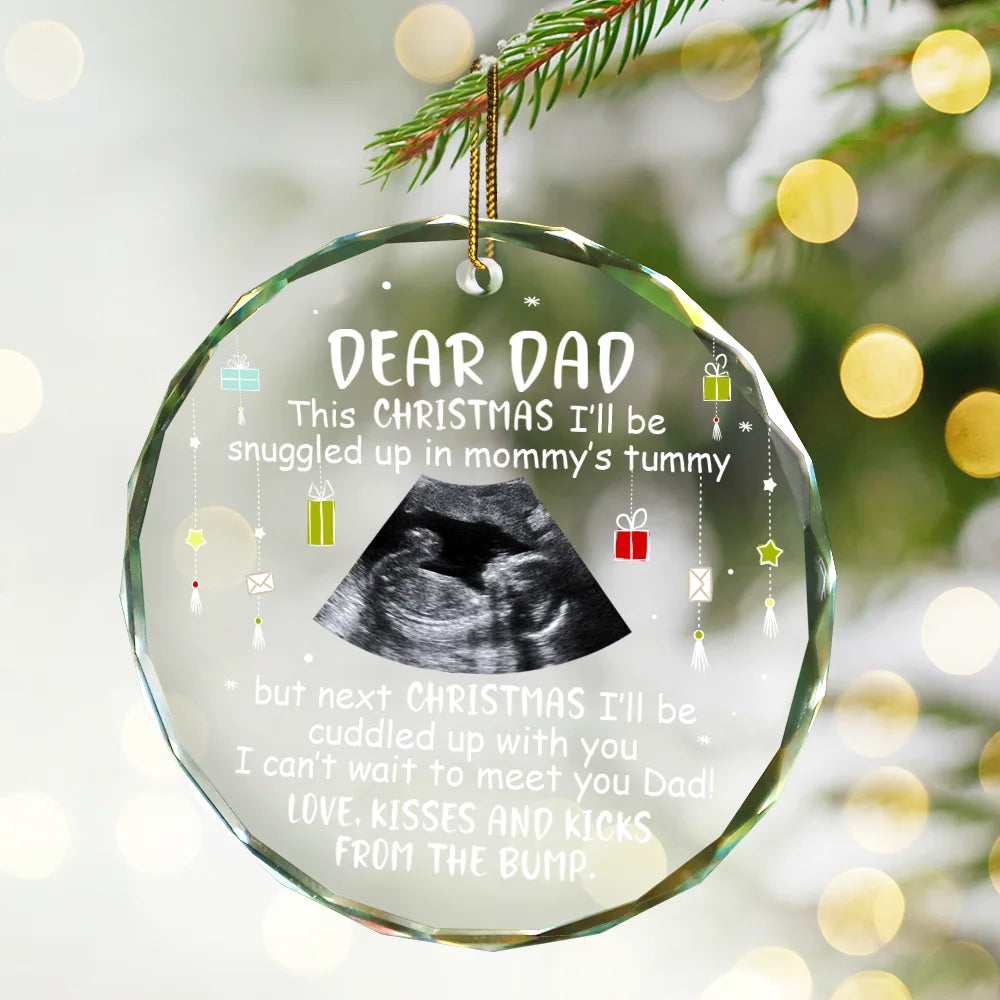 Custom Photo Baby Bump To Daddy, Mommy New Parents Christmas - Personalized Circle Glass Ornament