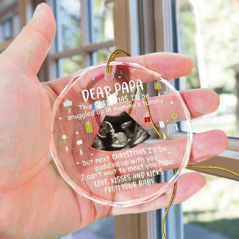 Custom Photo Baby Bump To Daddy, Mommy New Parents Christmas - Personalized Circle Glass Ornament