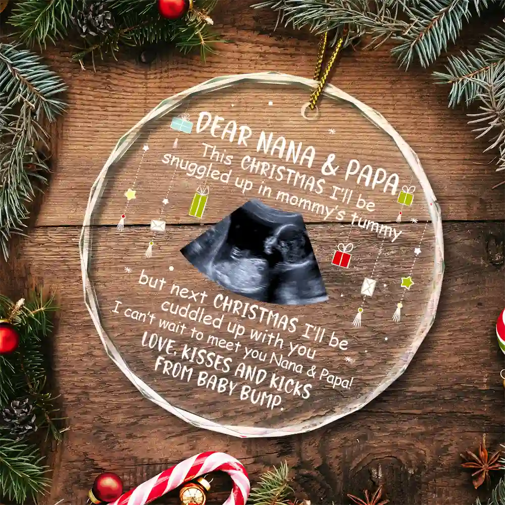 Custom Photo Baby Bump To Daddy, Mommy New Parents Christmas - Personalized Circle Glass Ornament