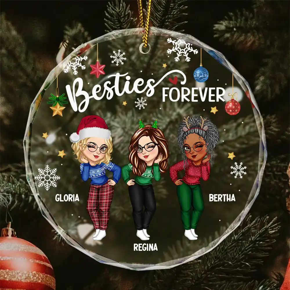 Sisters Besties Forever Christmas - Personalized Circle Glass Ornament