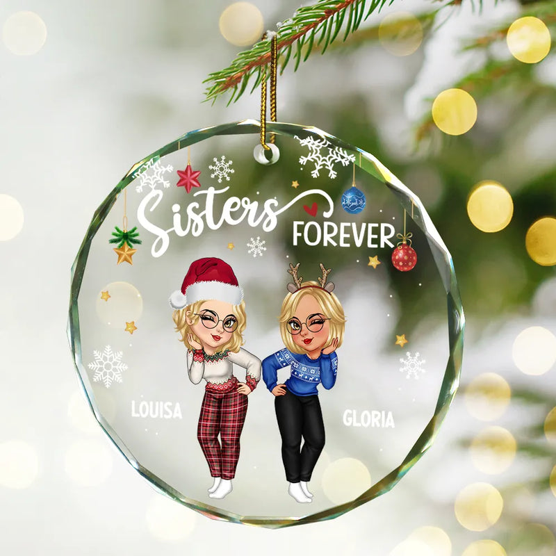 Sisters Besties Forever Christmas - Personalized Circle Glass Ornament