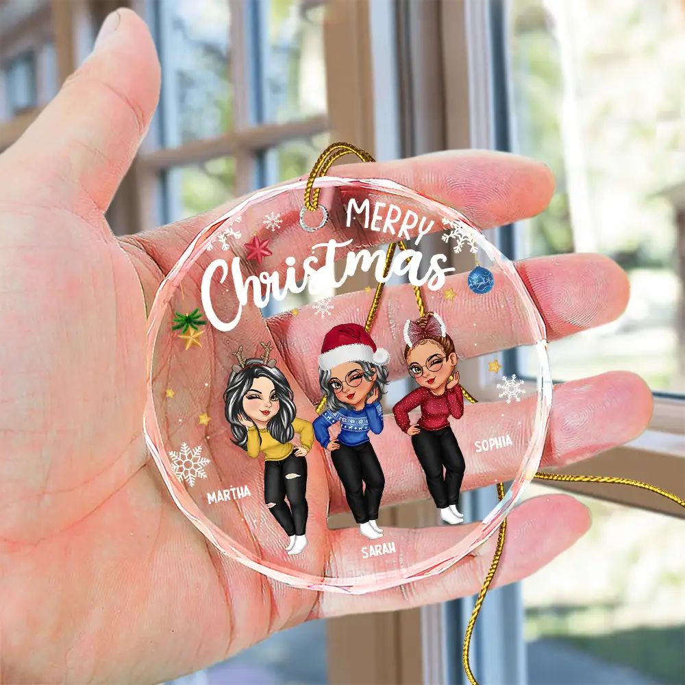 Sisters Besties Forever Christmas - Personalized Circle Glass Ornament