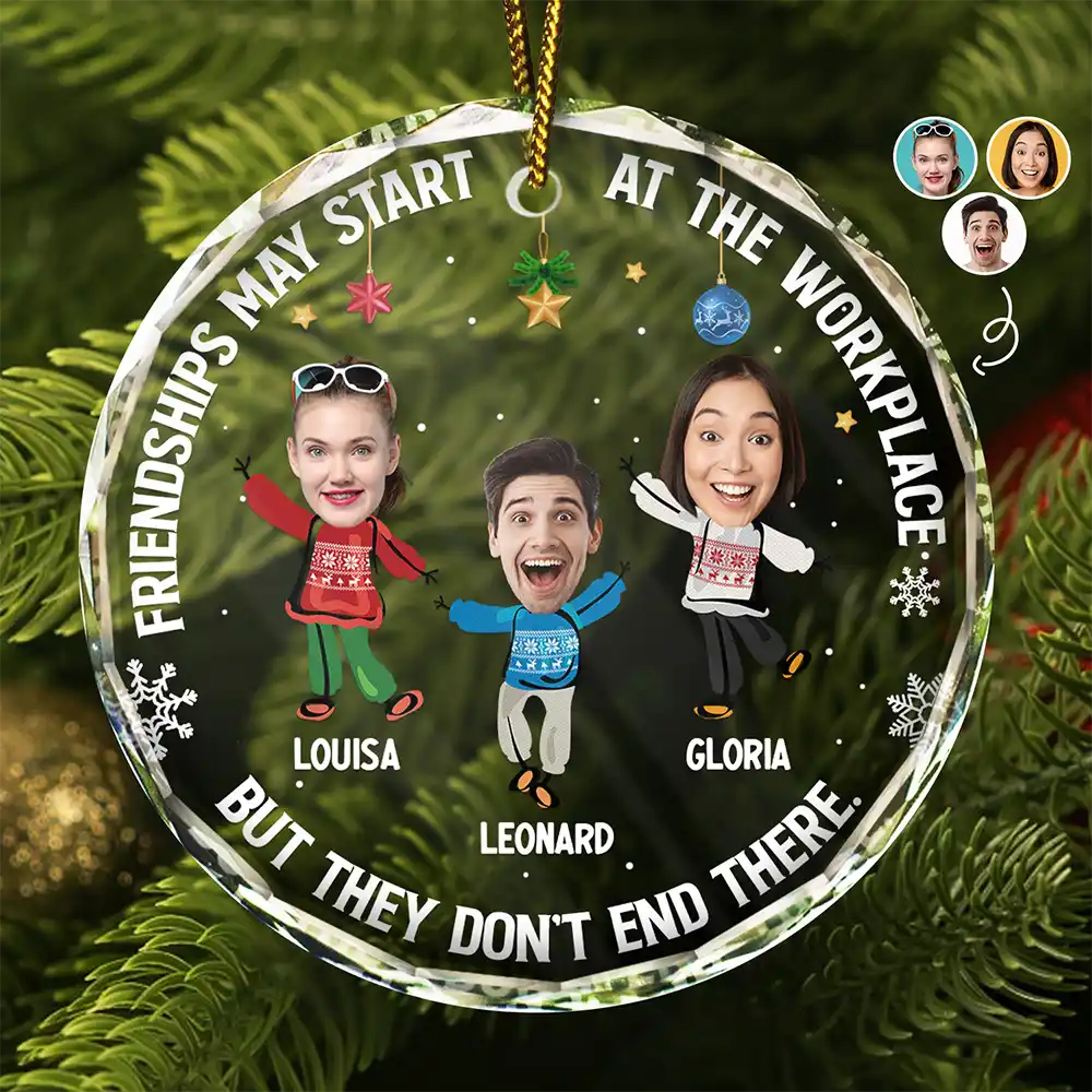 Custom Photo Friendships May Start At The Workplace Christmas Colleagues - Personalized Circle Glass Ornament