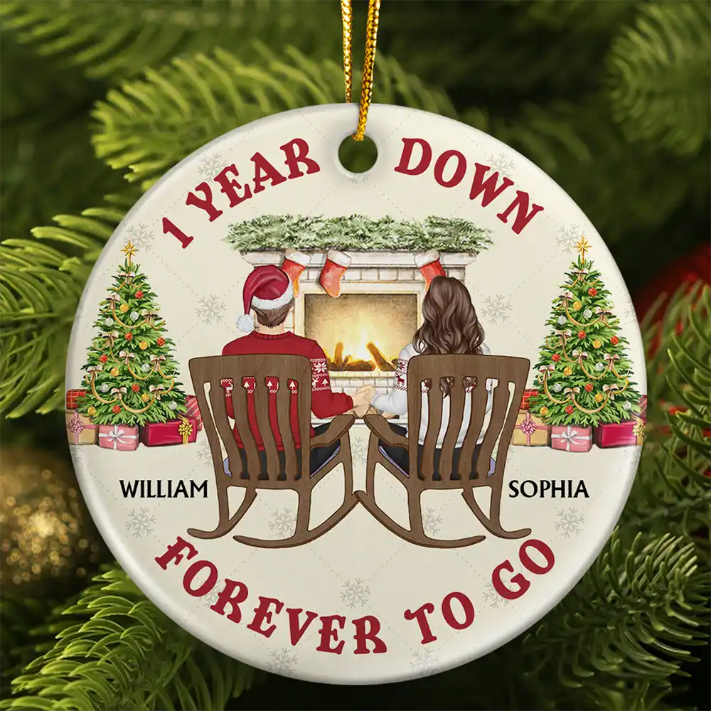One Year Down Forever To Go Couple Anniversary - Personalized Circle Ceramic Ornament