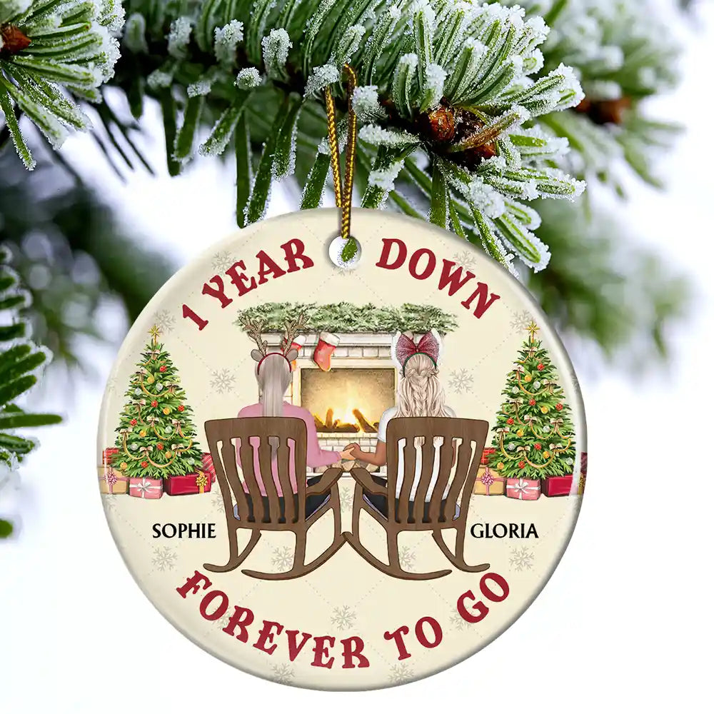 One Year Down Forever To Go Couple Anniversary - Personalized Circle Ceramic Ornament